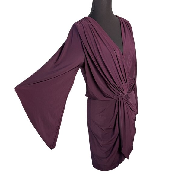 Misa Los Angeles Teget Twist Front Draped Mini Dress Bell Sleeves Plum Purple Si - Picture 4 of 14